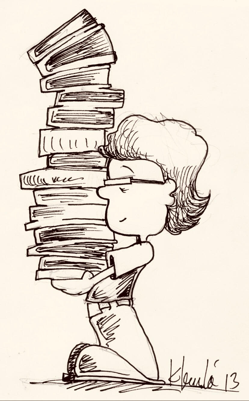 Your proprietress as a cartoon Black and white illustration of the ByrdHaus bookseller carrying a towering stack of books. Credit: Heath Kleinke